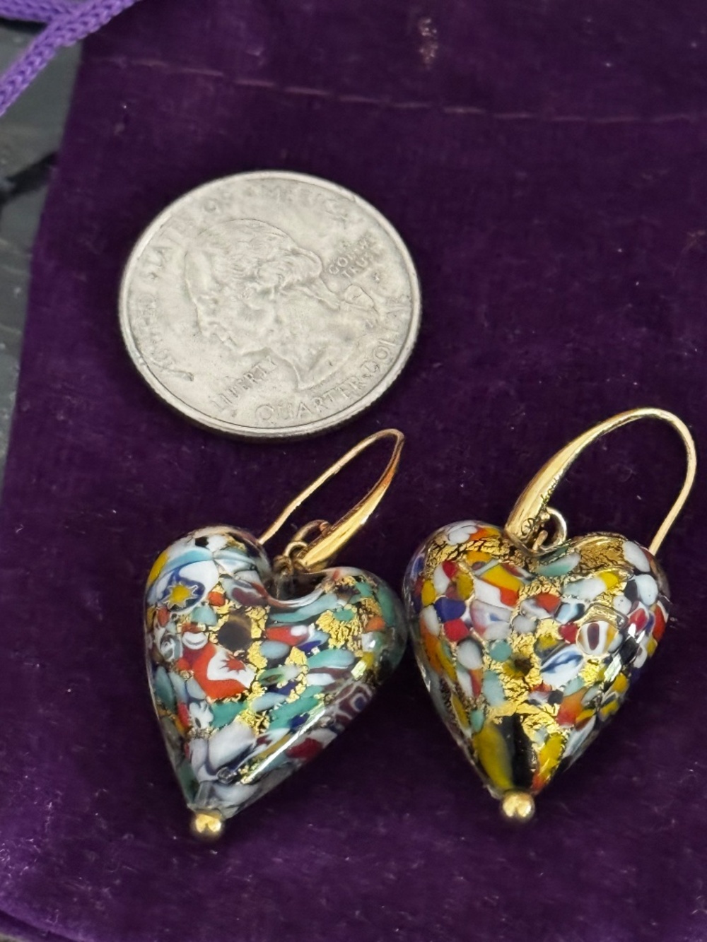 Murano Glass Heart Earings Gold Wires - Picture 6 of 11